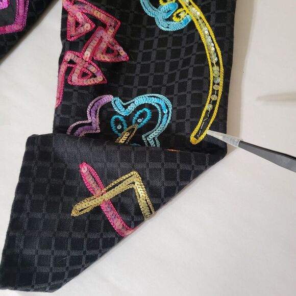 Black Jacket Bright Floral Accents Glass Buttons M Sequined Embroidered Alex Kim - Picture 4 of 11